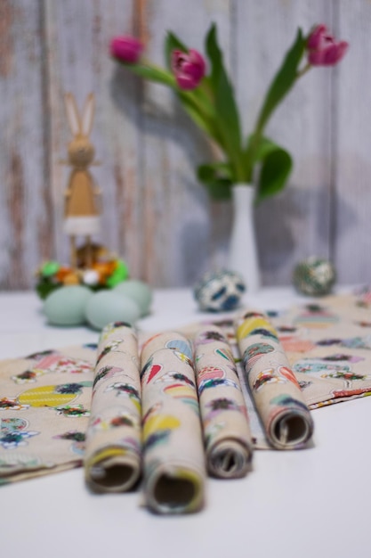 assorted embroidered samples on table